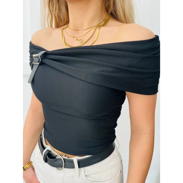 Kadın Madonna Yaka Deri Toka Detay Ottoman Kumaş Bluz