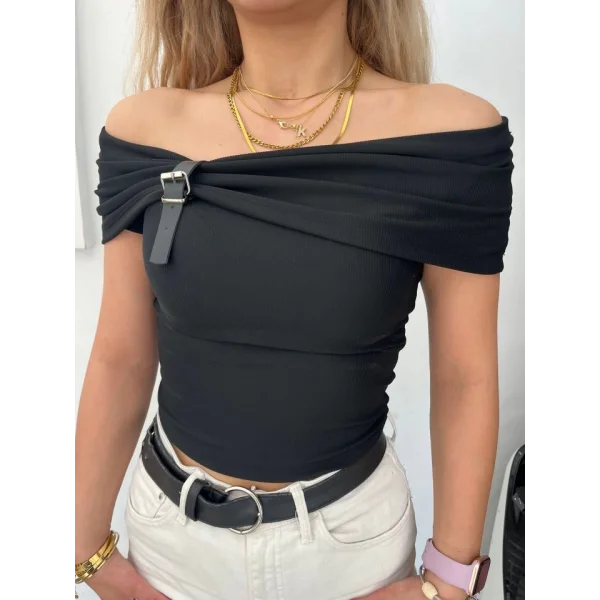 Kadın Madonna Yaka Deri Toka Detay Ottoman Kumaş Bluz