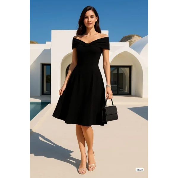 Kadın Madonna Yaka Pliseli Scuba Krep Kumaş Diz üstü Elbise