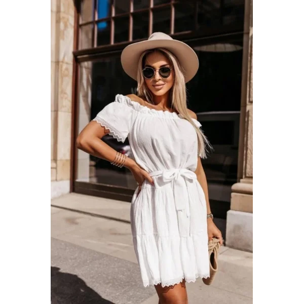 Kadın Madonna Yaka Pütür Detay Pamuklu Mini Elbise