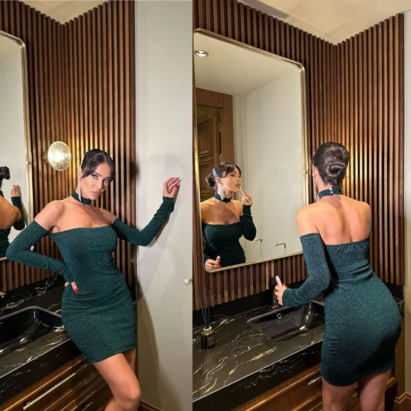 Kadın Madonna Yaka Simli Flower Kumaş Mini Elbise