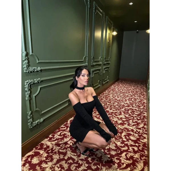 Kadın Madonna Yaka Simli Flower Kumaş Mini Elbise