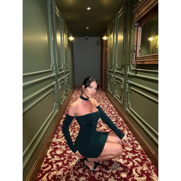 Kadın Madonna Yaka Simli Flower Kumaş Mini Elbise