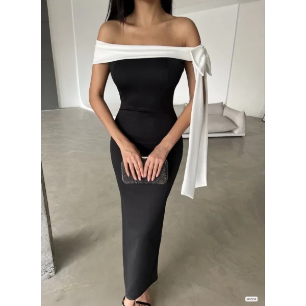 Kadın Madonna Yaka Skuba Krep Kumaş Kurdale Detay Elbise