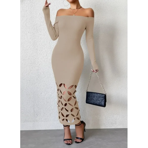 Kadın Madonna Yaka Uzun Kollu Lazer çiçek Kesim Detaylı Uzun Ithal Krep Elbise