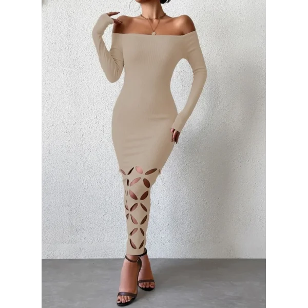 Kadın Madonna Yaka Uzun Kollu Lazer çiçek Kesim Detaylı Uzun Ithal Krep Elbise