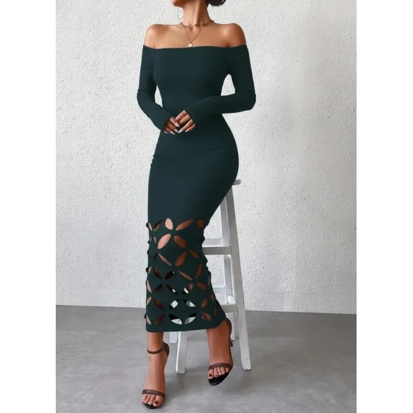 Kadın Madonna Yaka Uzun Kollu Lazer çiçek Kesim Detaylı Uzun Ithal Krep Elbise