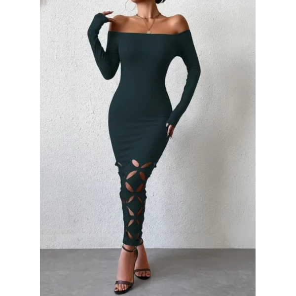 Kadın Madonna Yaka Uzun Kollu Lazer çiçek Kesim Detaylı Uzun Ithal Krep Elbise