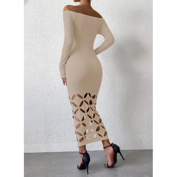 Kadın Madonna Yaka Uzun Kollu Lazer çiçek Kesim Detaylı Uzun Ithal Krep Elbise