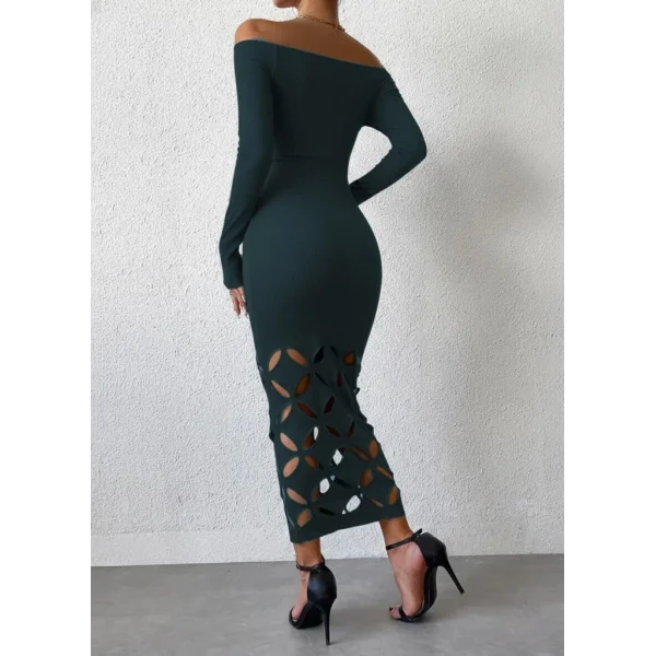 Kadın Madonna Yaka Uzun Kollu Lazer çiçek Kesim Detaylı Uzun Ithal Krep Elbise