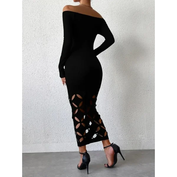 Kadın Madonna Yaka Uzun Kollu Lazer çiçek Kesim Detaylı Uzun Ithal Krep Elbise