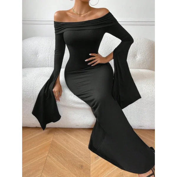 Kadın Madonna Yaka Uzun Yırtmaç Kol Detaylı Uzun Ithal Krep Elbise