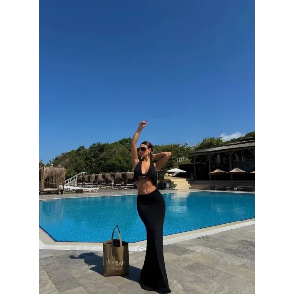 Kadın Mayo Kumaş Bağlamalı Crop Ve Maxi Boy Etek Ikili Takım