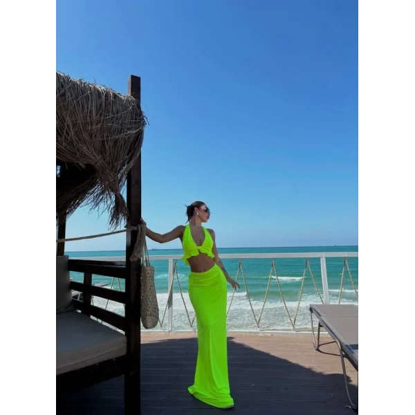 Kadın Mayo Kumaş Bağlamalı Crop Ve Maxi Boy Etek Ikili Takım