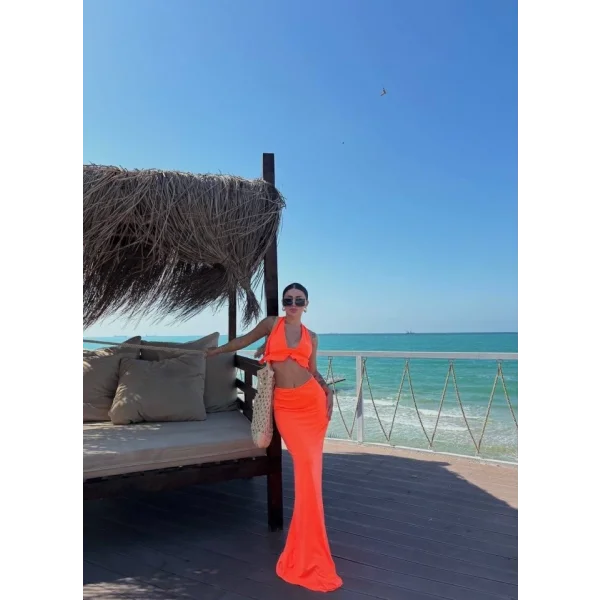 Kadın Mayo Kumaş Bağlamalı Crop Ve Maxi Boy Etek Ikili Takım