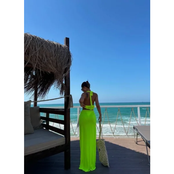 Kadın Mayo Kumaş Bağlamalı Crop Ve Maxi Boy Etek Ikili Takım