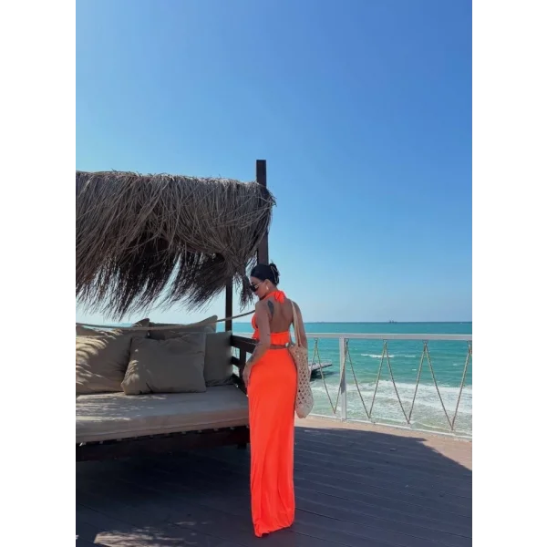 Kadın Mayo Kumaş Bağlamalı Crop Ve Maxi Boy Etek Ikili Takım