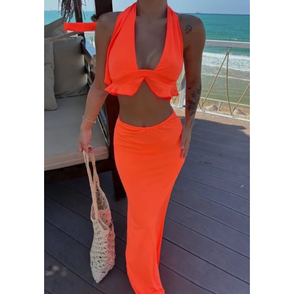 Kadın Mayo Kumaş Bağlamalı Crop Ve Maxi Boy Etek Ikili Takım