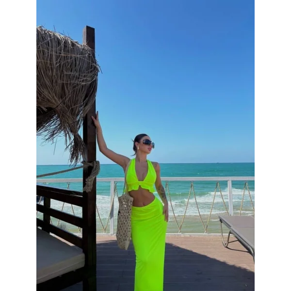 Kadın Mayo Kumaş Bağlamalı Crop Ve Maxi Boy Etek Ikili Takım