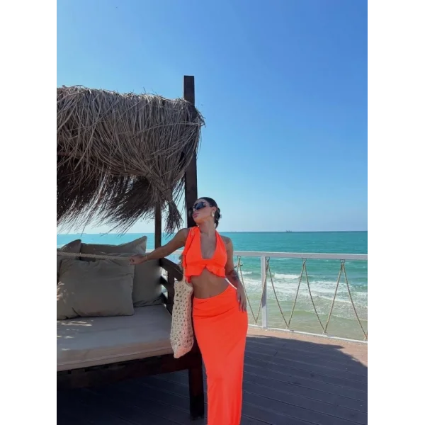 Kadın Mayo Kumaş Bağlamalı Crop Ve Maxi Boy Etek Ikili Takım