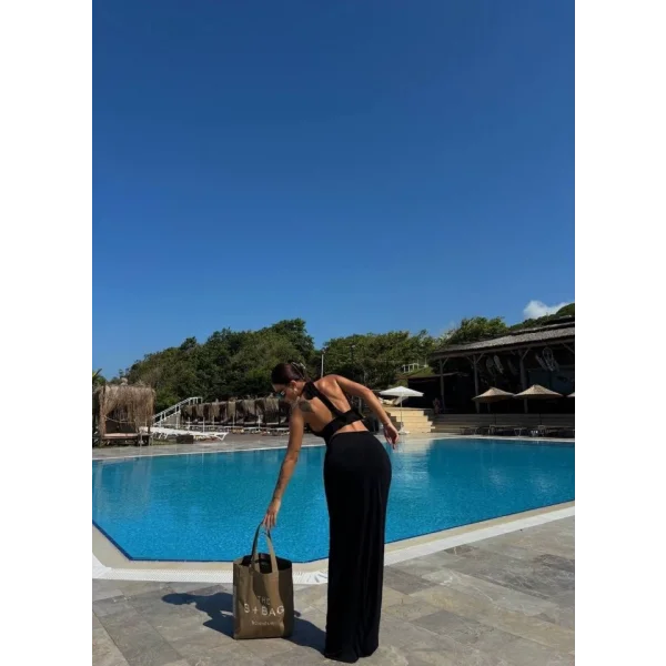 Kadın Mayo Kumaş Bağlamalı Crop Ve Maxi Boy Etek Ikili Takım