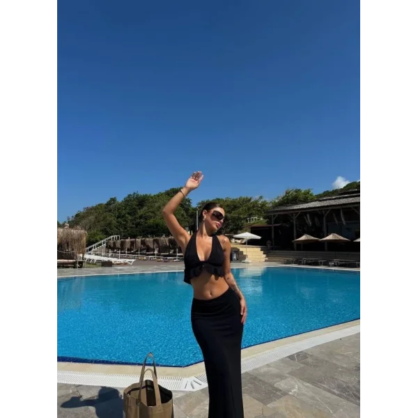 Kadın Mayo Kumaş Bağlamalı Crop Ve Maxi Boy Etek Ikili Takım