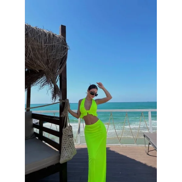 Kadın Mayo Kumaş Bağlamalı Crop Ve Maxi Boy Etek Ikili Takım