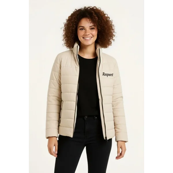 Kadın Mikro Su İtici Kapitone Baskılı Astarlı Fermuarlı Bomber Mont - Bej