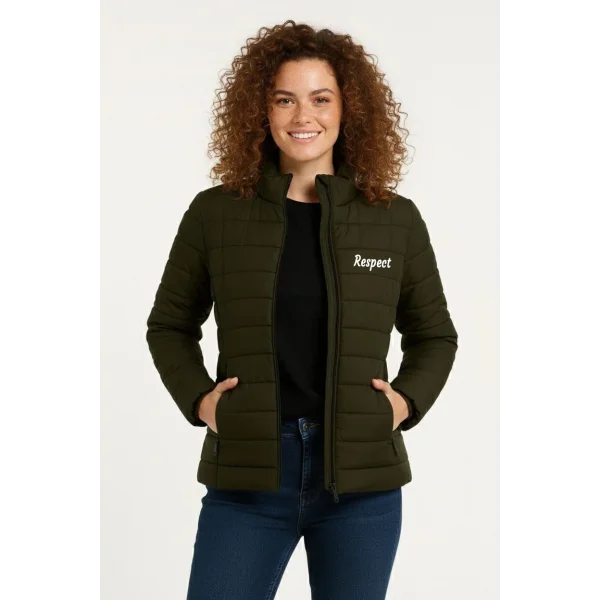 Kadın Mikro Su İtici Kapitone Baskılı Astarlı Fermuarlı Bomber Mont - Haki