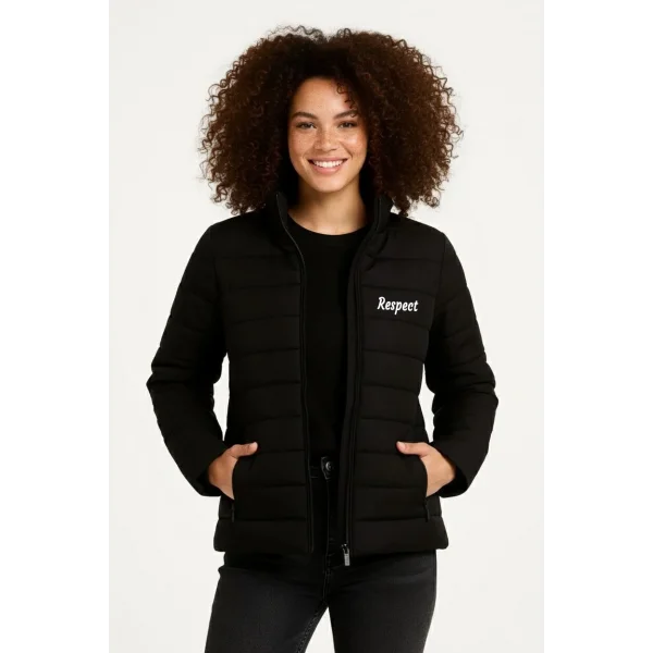 Kadın Mikro Su İtici Kapitone Baskılı Astarlı Fermuarlı Bomber Mont - Siyah