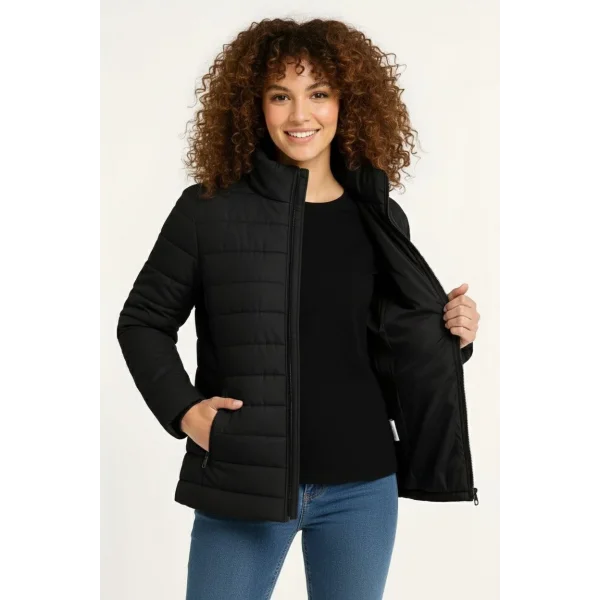 Kadın Mikro Su İtici Kapitone Baskılı Astarlı Fermuarlı Bomber Mont - Siyah