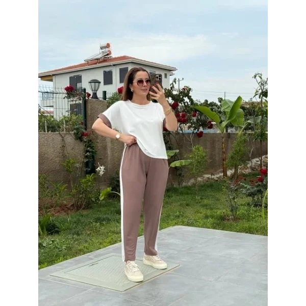 Kadın Modal Dokulu Kumaş Yanı şeritli Takım