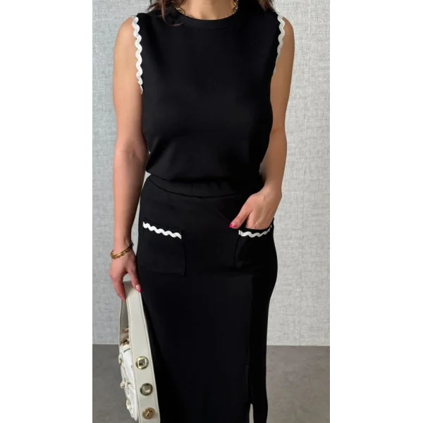 Kadın Modal Kumaş Cepli Yırtmaç Detay Etekli Ikili Takım