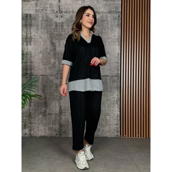 Kadın Modal Kumaş çizgili Gömlek Yaka Ikili Takım