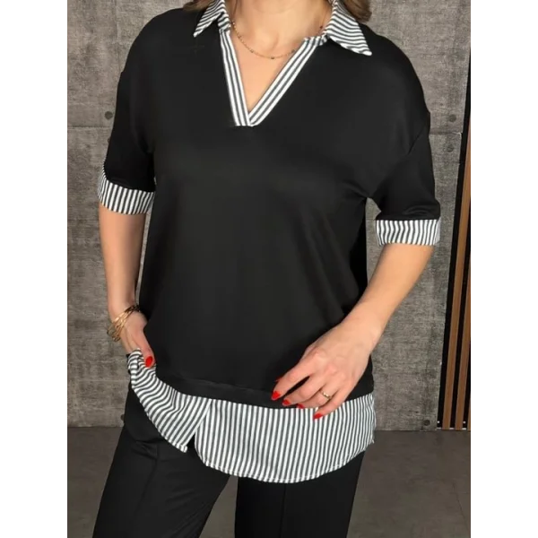 Kadın Modal Kumaş çizgili Gömlek Yaka Ikili Takım