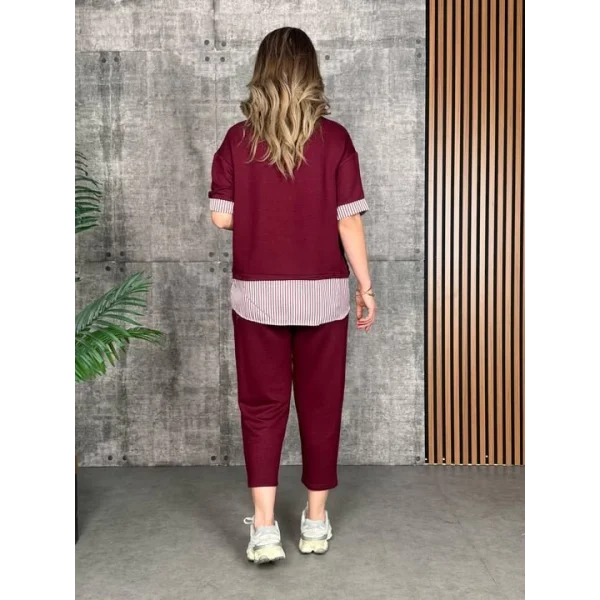 Kadın Modal Kumaş çizgili Gömlek Yaka Ikili Takım