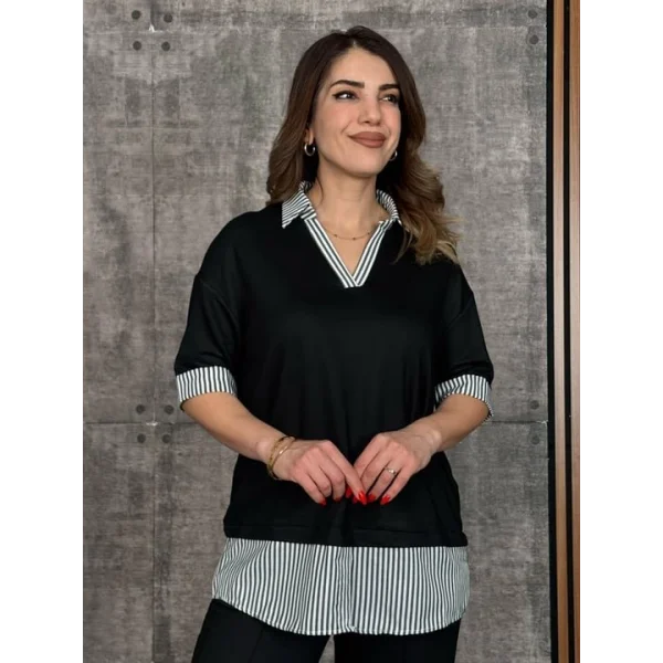 Kadın Modal Kumaş çizgili Gömlek Yaka Ikili Takım