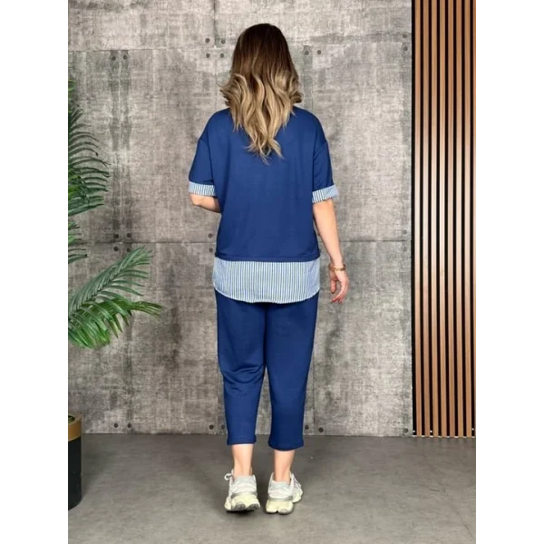 Kadın Modal Kumaş çizgili Gömlek Yaka Ikili Takım