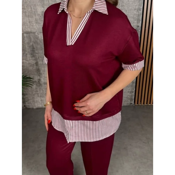 Kadın Modal Kumaş çizgili Gömlek Yaka Ikili Takım