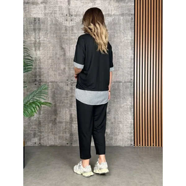 Kadın Modal Kumaş çizgili Gömlek Yaka Ikili Takım