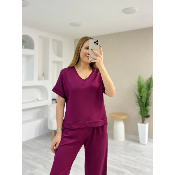 Kadın Modal Kumaş Rahat Kesim V Yaka Eşofman Takımı