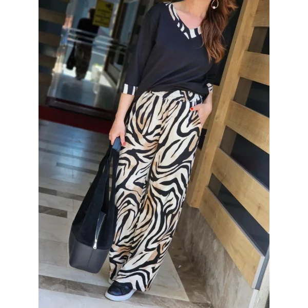 Kadın Modal Kumaş V Yaka Dirsek Kol Zebra Desenli Ikili Takım