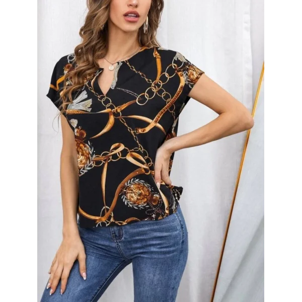 Kadın Moskrep Kumaş çentik Yaka Zincir Desen Baskılı Bluz