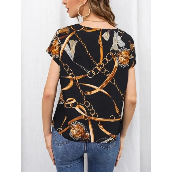 Kadın Moskrep Kumaş çentik Yaka Zincir Desen Baskılı Bluz