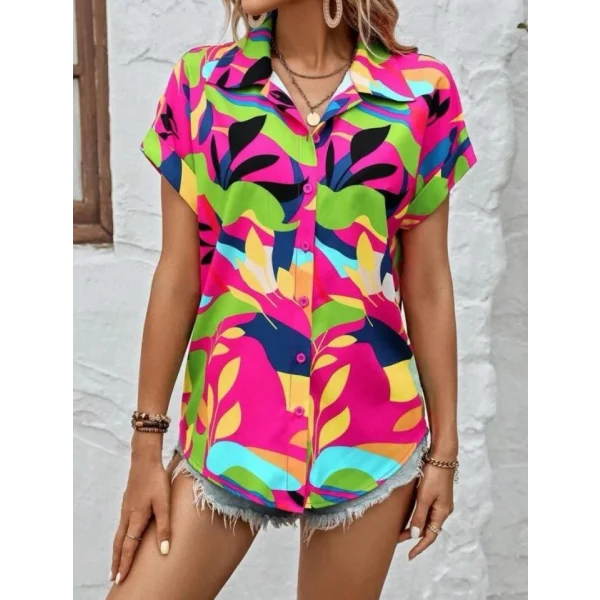 Kadın Moss Krep Kumaş Kısa Kol Çiçek Desenli Gömlek