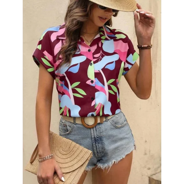 Kadın Moss Krep Kumaş Kısa Kol Çiçek Desenli Gömlek