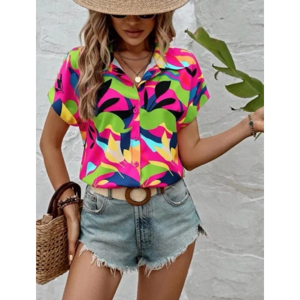 Kadın Moss Krep Kumaş Kısa Kol Çiçek Desenli Gömlek