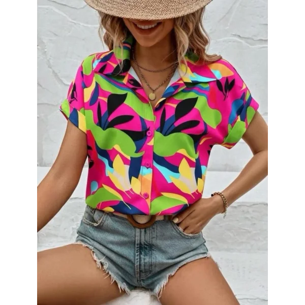 Kadın Moss Krep Kumaş Kısa Kol Çiçek Desenli Gömlek