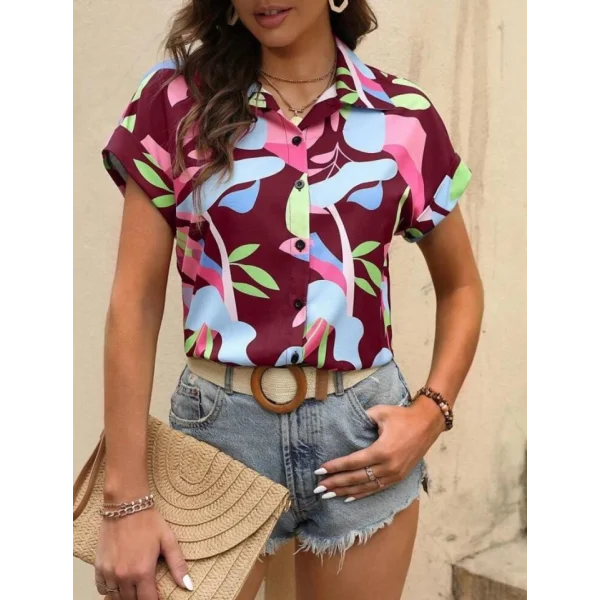 Kadın Moss Krep Kumaş Kısa Kol Çiçek Desenli Gömlek