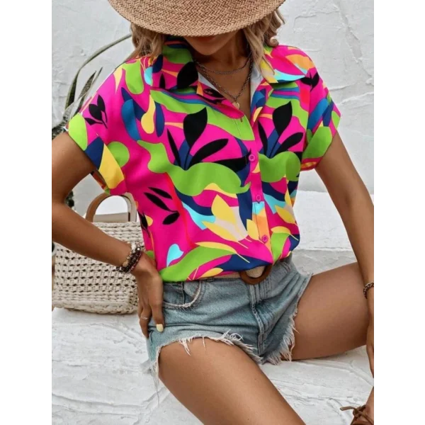 Kadın Moss Krep Kumaş Kısa Kol Çiçek Desenli Gömlek